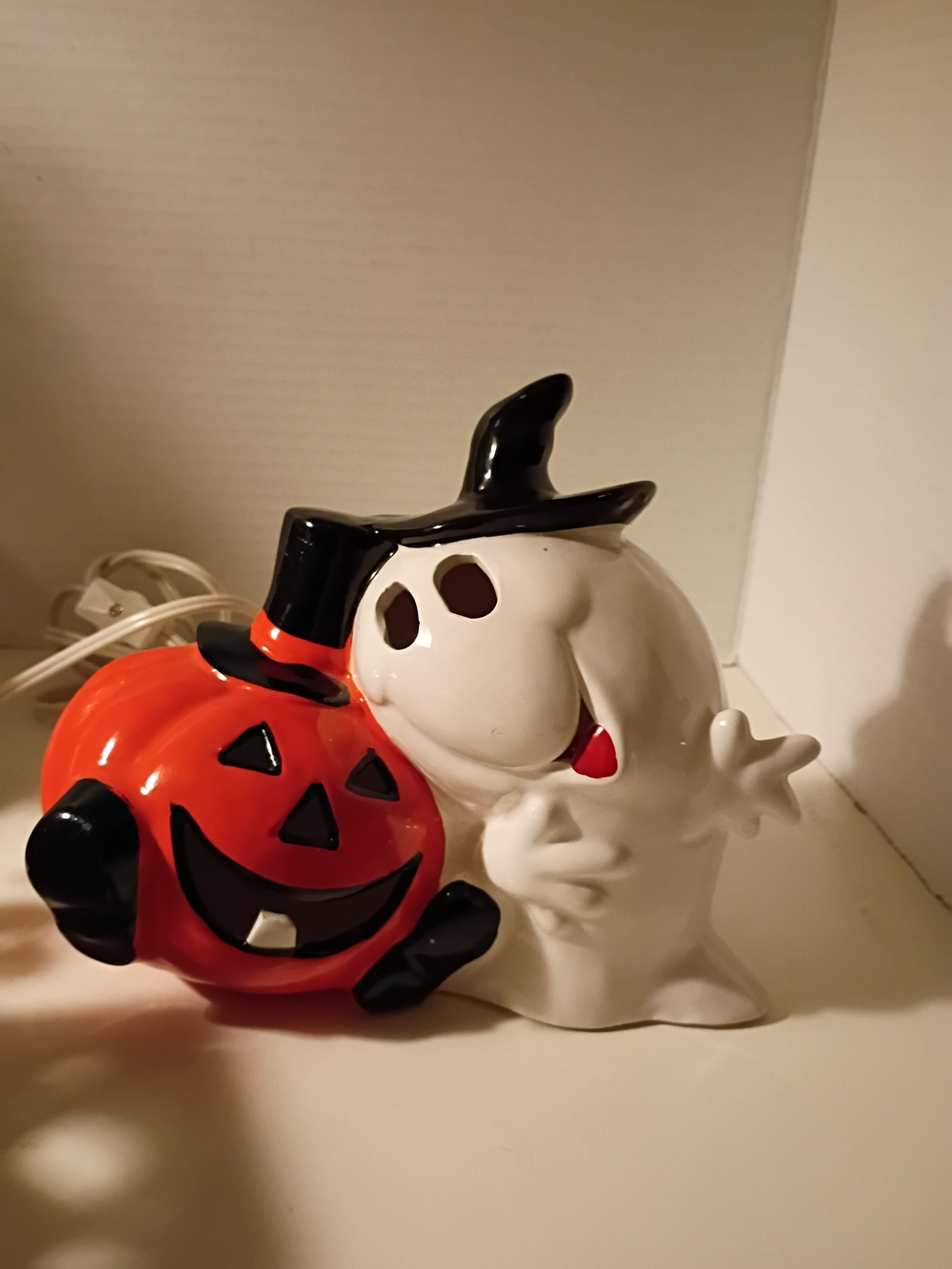 Vintage Ceramic Halloween Pumpkin and Ghost Plugin Nightlight Lamp Light